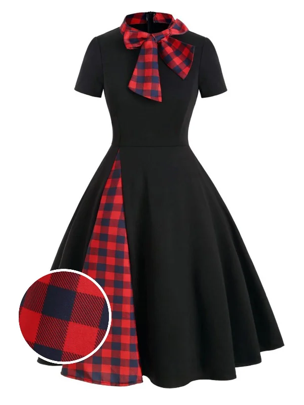 1950s Plaid Patchwork Bow Swing Dress