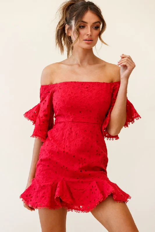 Elissa Off-Shoulder Broderie Anglaise Dress Red