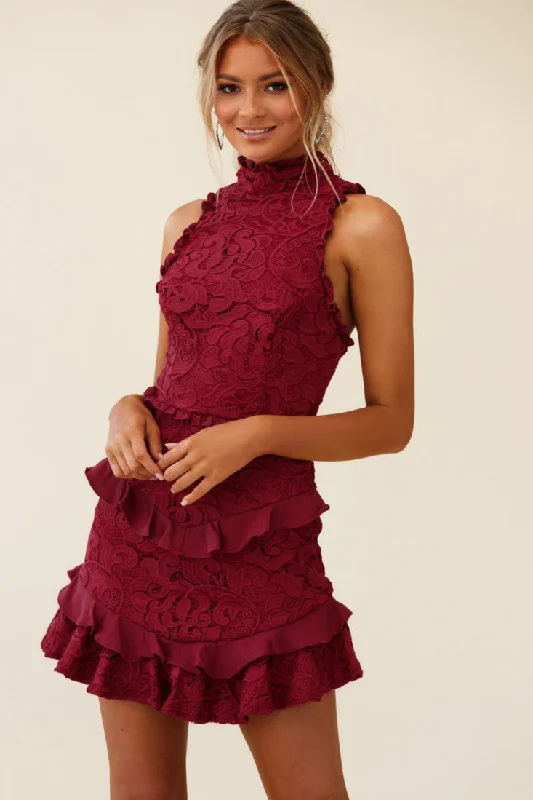 Osiris Sleeveless High Neck Lace Dress Wine