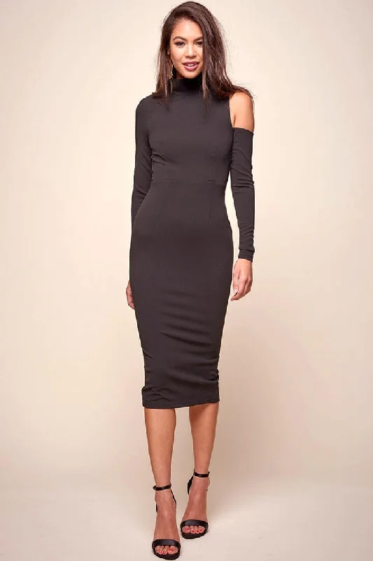 Sofie Asymmetrical cutout Turtle Neck Dress Black