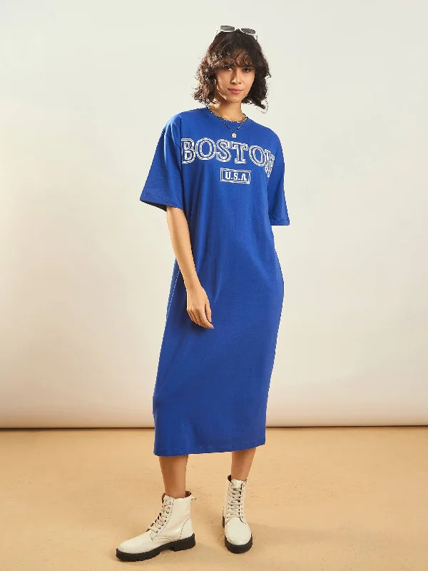 Women Royal Blue BOSTON Printed T-Shirt Dress