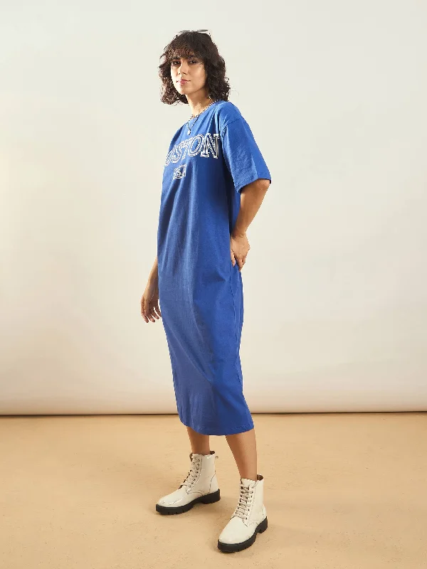 Women Royal Blue BOSTON Printed T-Shirt Dress