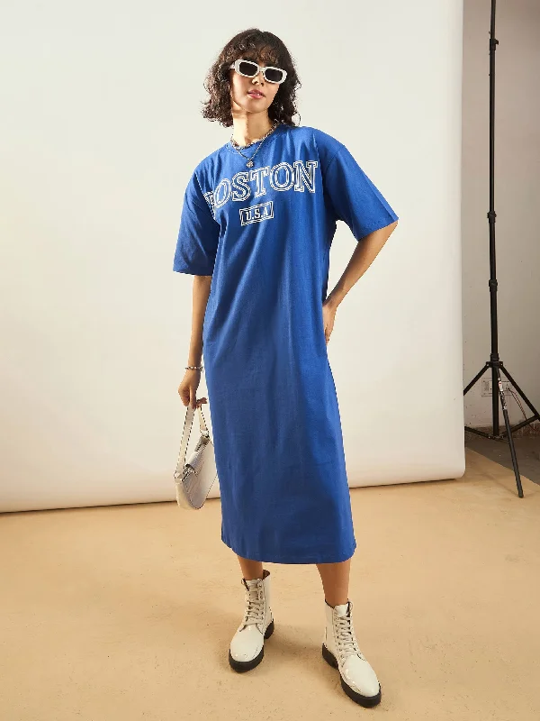 Women Royal Blue BOSTON Printed T-Shirt Dress