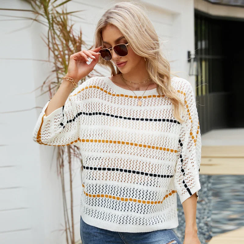 Women's Loose Temperament Striped 3/4 Sleeve Off-neck Sweaters