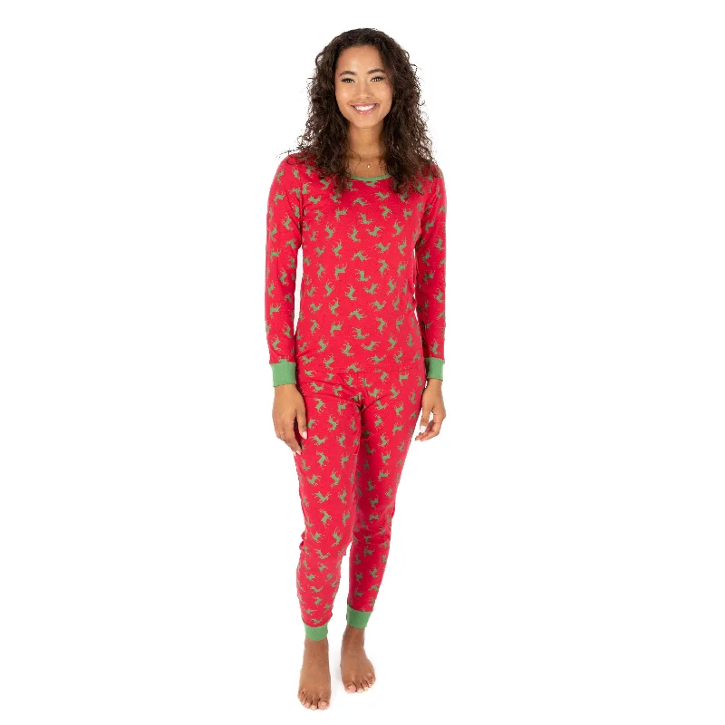 Christmas Womens Two Piece Cotton Pajamas Reindeer Red and Green