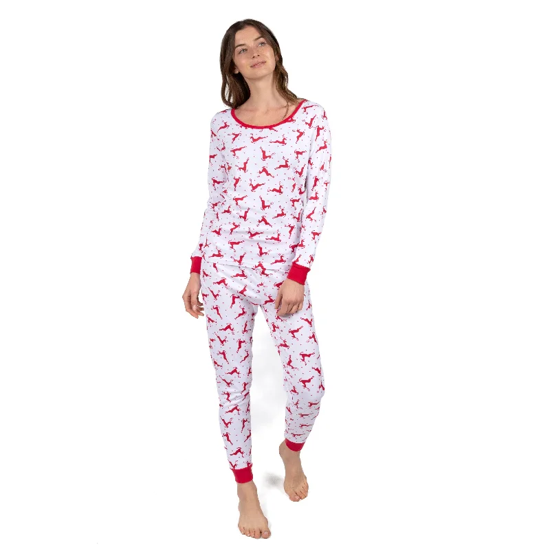 Christmas Womens Two Piece Cotton Pajamas Reindeer Red and White