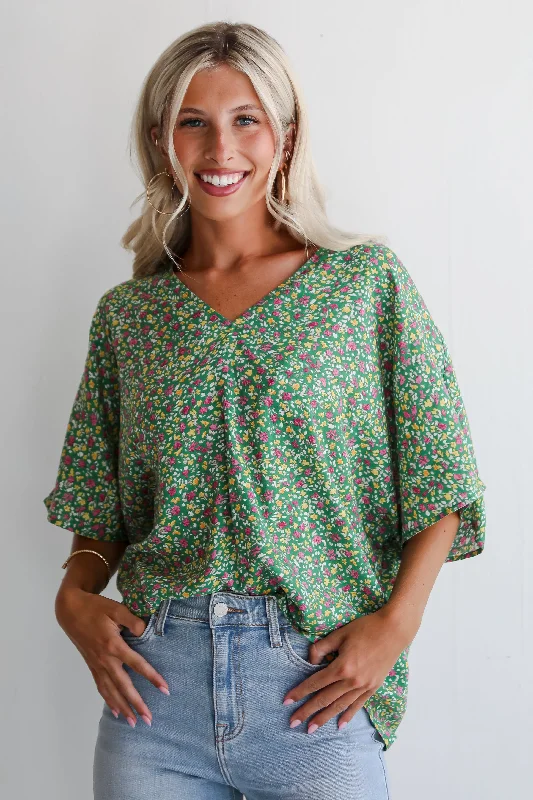 FINAL SALE - Perfect Whimsy Green Floral Oversized Blouse