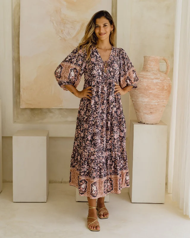 Araminta Purple Floral Boho Midi Dress