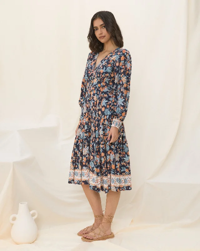 Isadora Navy Blue Boho Long Sleeve Midi Dress