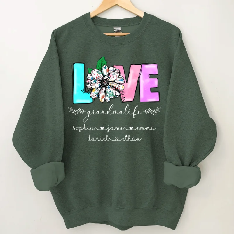 Love Grandma Life Flower Custom Grandma Grandkids Name Sweatshirt