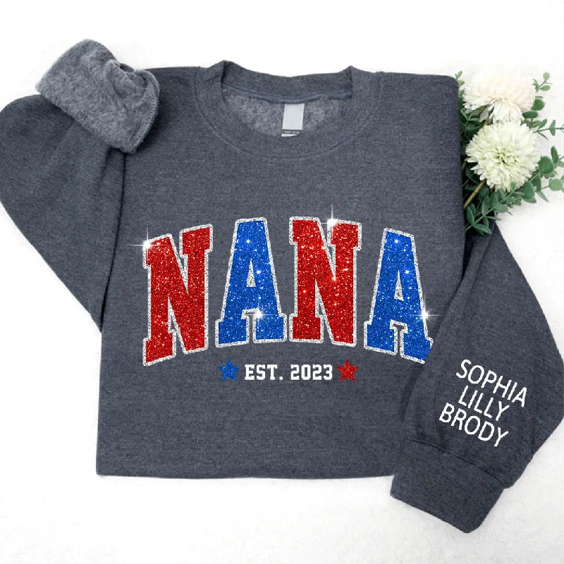 Nana Est 4th Of July Glitter, Custom Grandma With Kids TH Sweatshirt