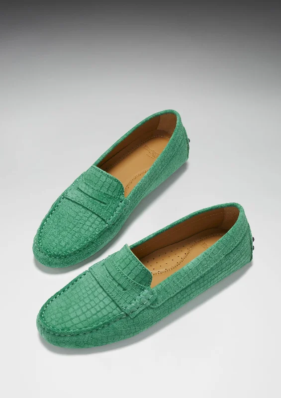 Women's Penny Driving Loafers, emerald embossed suede