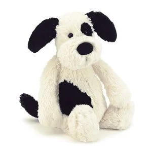 Colorful and vibrant plush creationsJellycat Bashful BLACK AND CREAM PUPPY small
