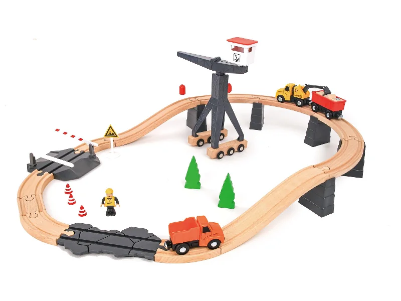 beautifully detailed wooden toys                  Tooky Toy - Construction Yard Train Set 35PCS