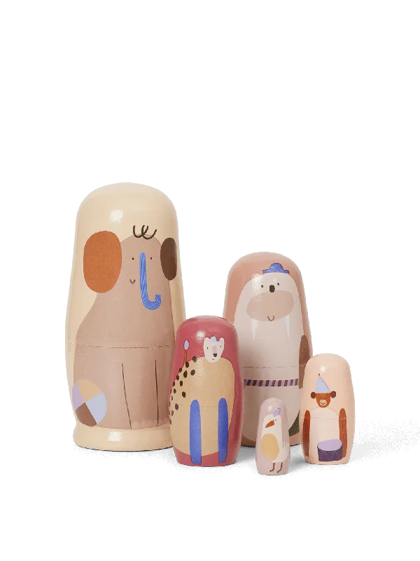eco-friendly wooden toys                   Nesting Dolls - Critter - Multi