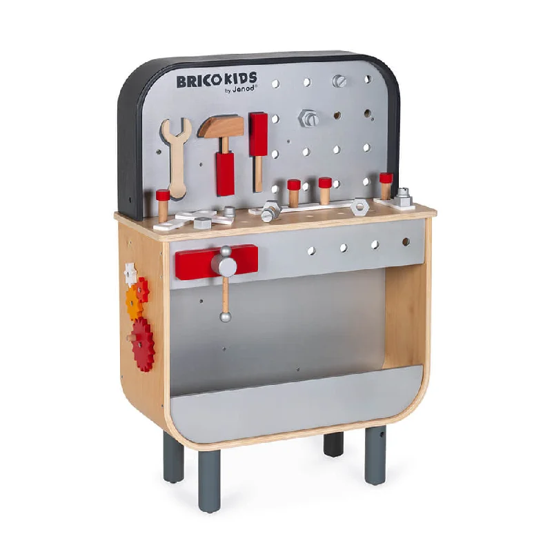 eco-conscious wooden toys                 Janod Bricokids Reversible Workbench