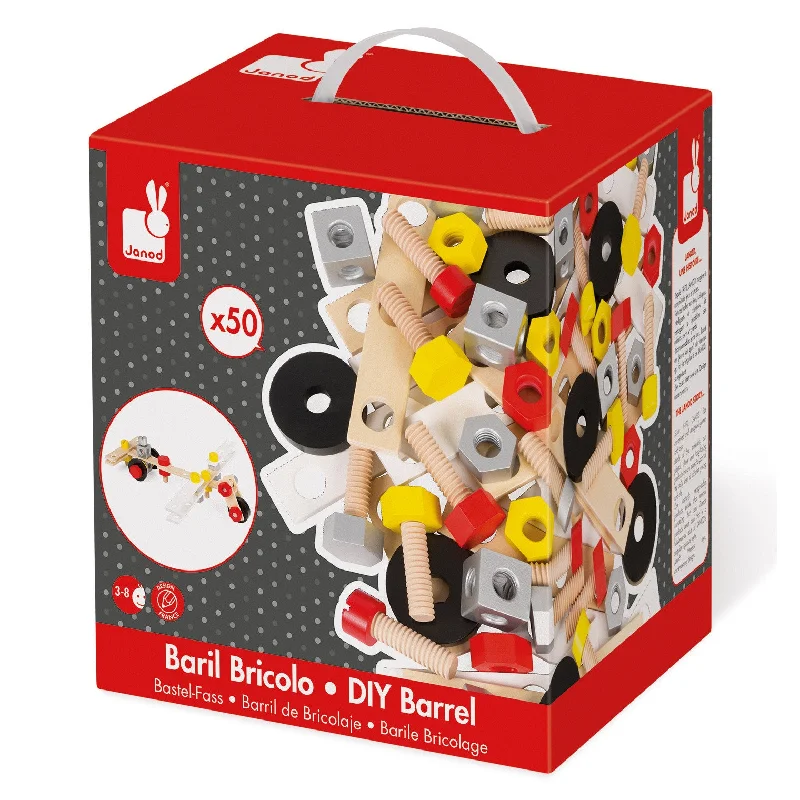 eco-friendly and safe wooden toys                   Janod Redmaster Bricolo DIY Barrel 50 pcs