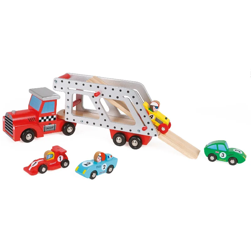 colorful wooden toys for toddlers             Janod Story 4 Cars Transporter Lorry