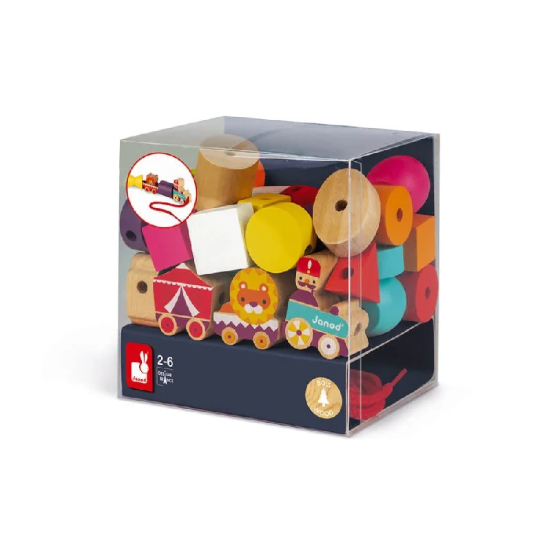 eco-conscious and sustainable wooden toys for children                   Janod Wooden Threading Beads - Circus