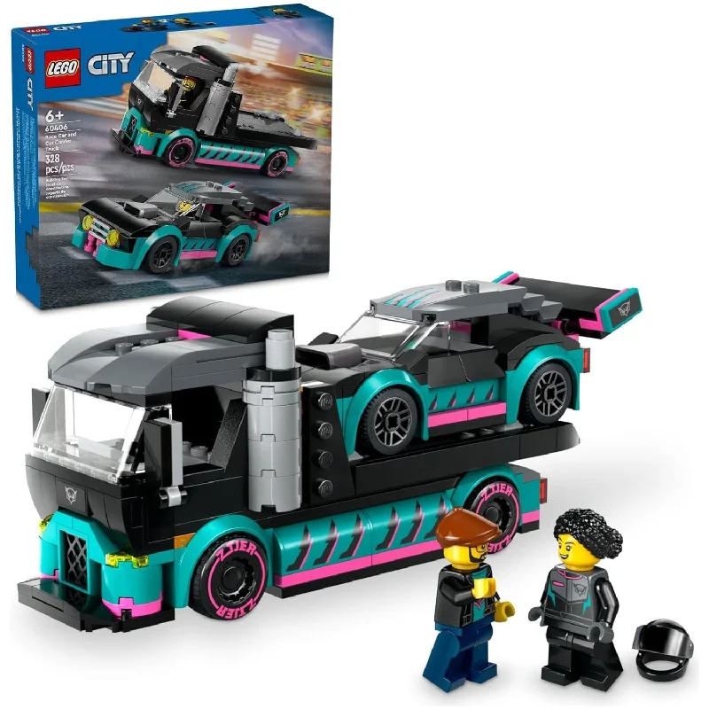 Gender-neutral LEGO toysLEGO 60406 City Race Car and Car Carrier Truck Toy Playset, Easter Basket Race Car Toy, Vehicle Transporter with Adjustable Loading Ramp, Racer and Driver Minifigures.