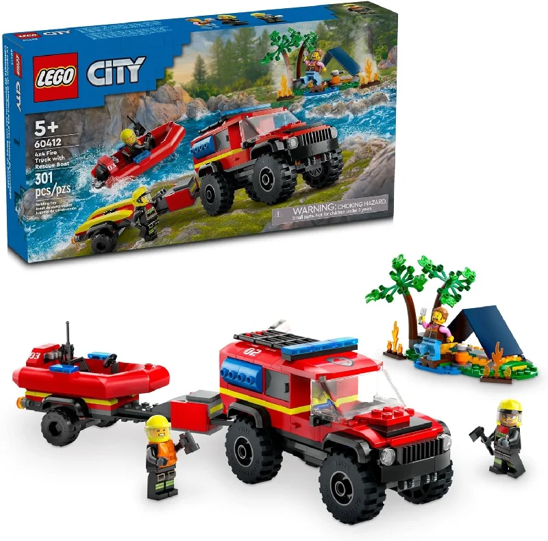 Promoting emotional regulation LEGOLEGO 60412 City 4x4 Fire Truck with Rescue Boat Toy for Kids Ages 5 and Up, Pretend Play Toy for Boys and Girls with a Truck Toy, Trailer, Dinghy and Tent, Plus 1 Camper and 2 Firefighter Minifigures.