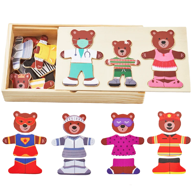 charming wooden toys                   Wooden Puzzle Game - Bears Dress Up Set