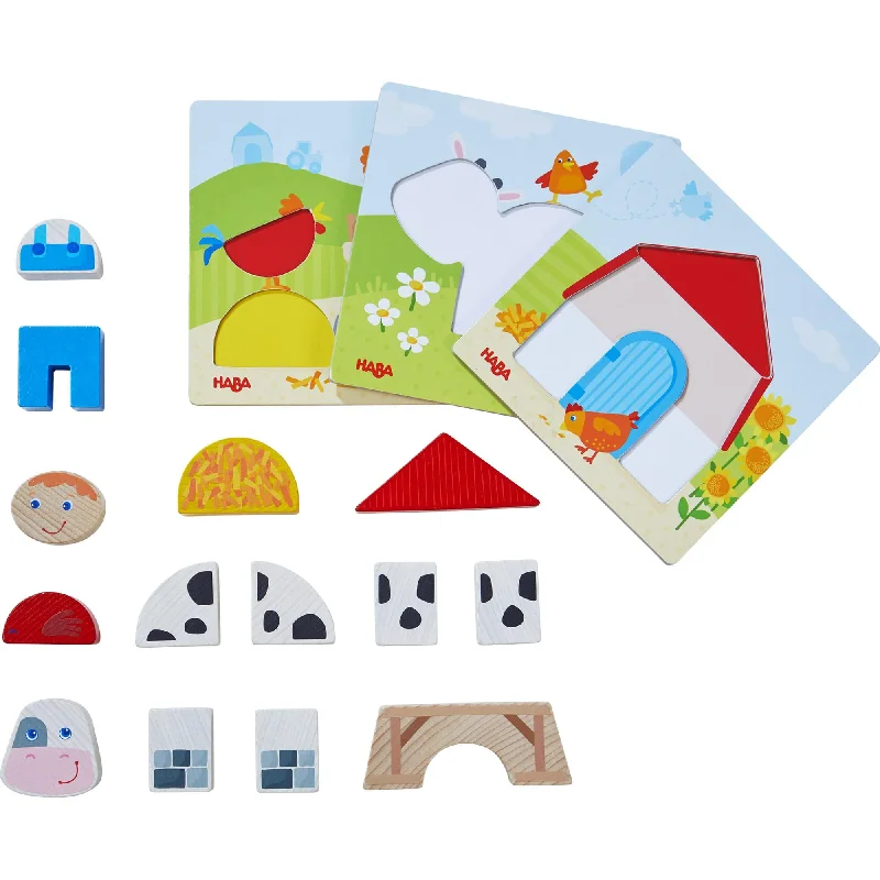 sturdy and long-lasting wooden toys for active play                   On the Farm Arranging Game