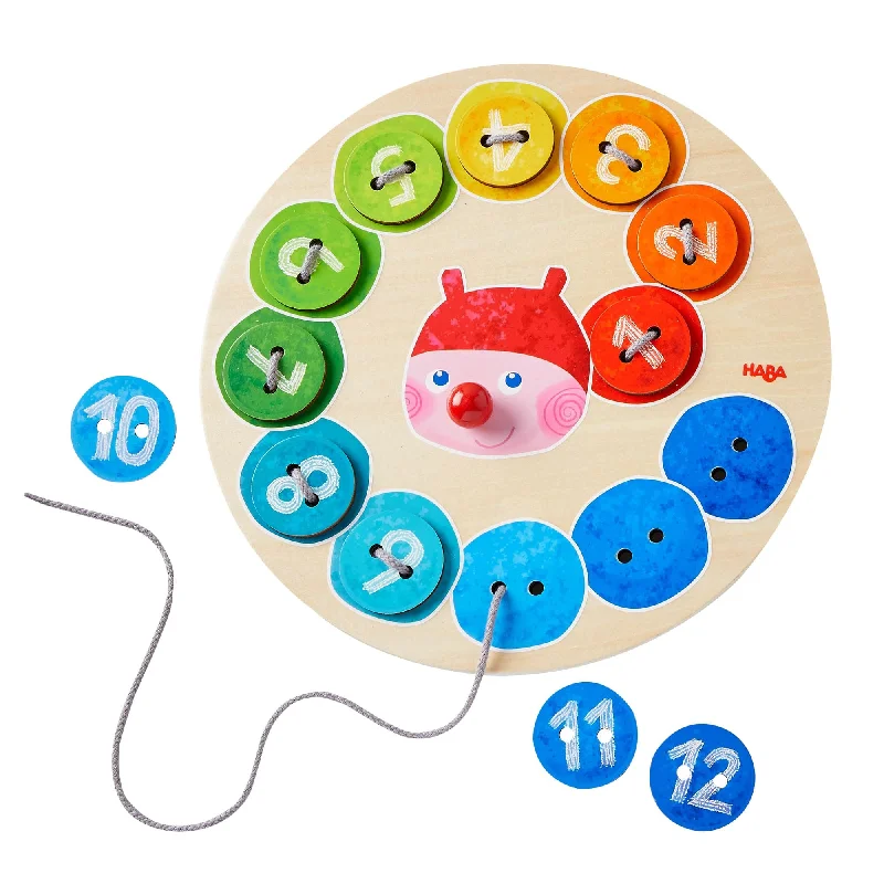 eco-friendly and sustainably made wooden toys                   Rainbow Caterpillar Counting Threading Game