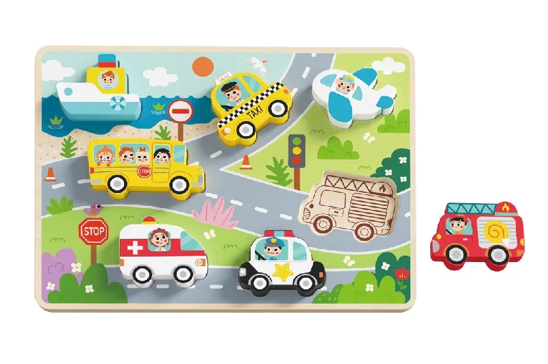 colorful and cheerful wooden toys                   Tooky Toy - CHUNKY PUZZLE - Transportation