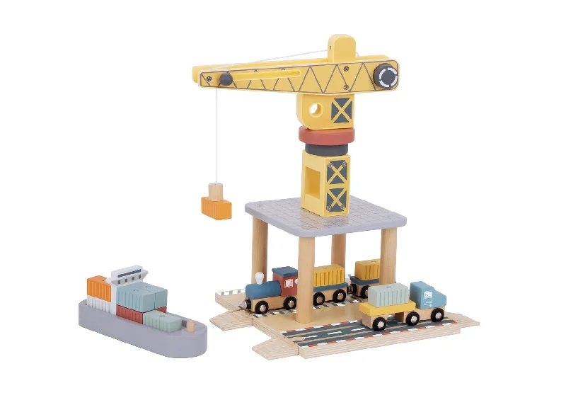 whimsical wooden toys                   Tooky Toy - PORT CRANE CARGO SET