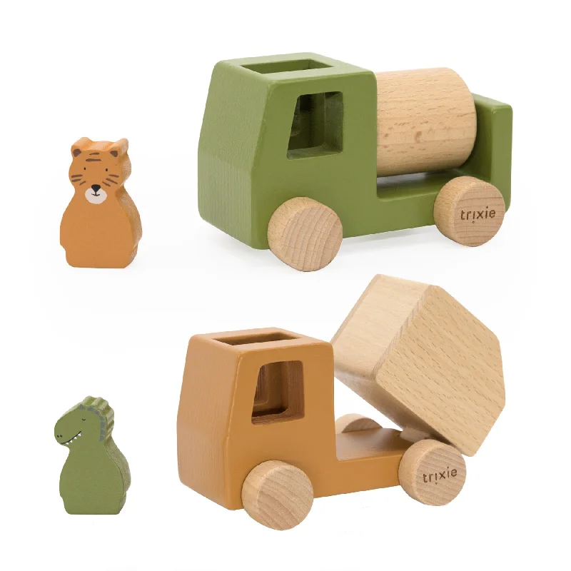 safe and appropriate wooden toys for young children                   Trixie: Wooden Animal Construction Cars Set