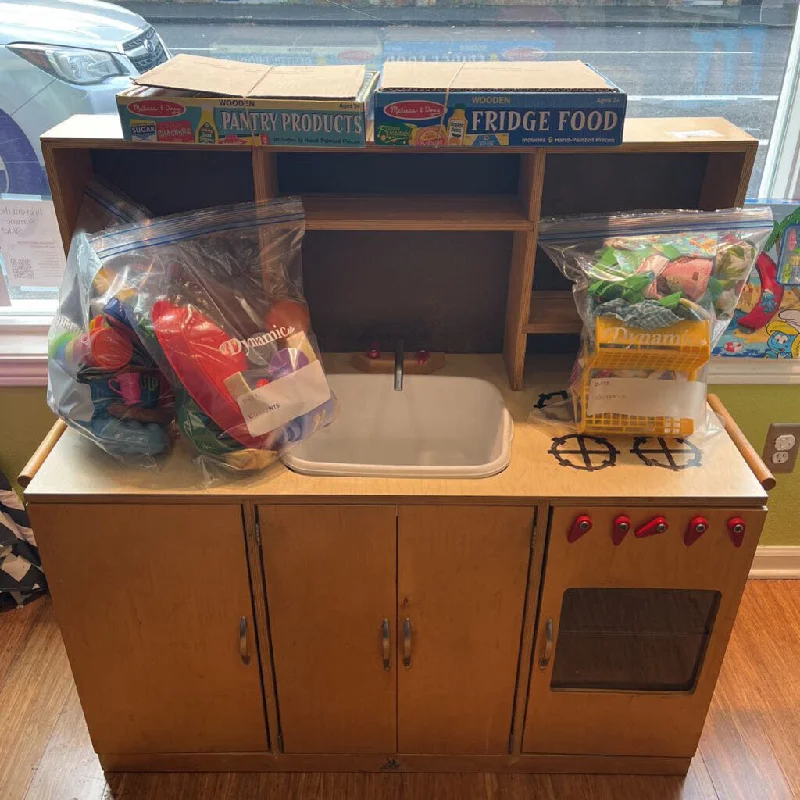 eco-conscious and sustainable wooden toys for children                   Wooden Kitchen w/ Assorted Pantry Items, Food and Hot Pads-AS IS