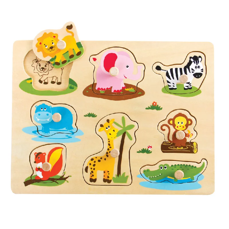 safe and durable wooden toys                   Wooden Safari Animals Peg Puzzle